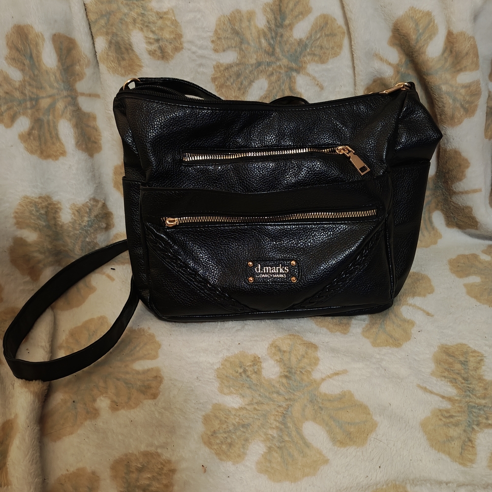 d.marks Black Leather Shoulder Bag with Gold Zippers